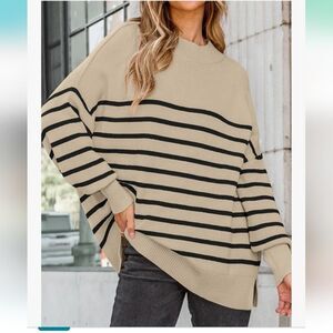 NEW Beige Black Striped Oversized Sweater Women’s Small Soft Knit Cozy Pullover